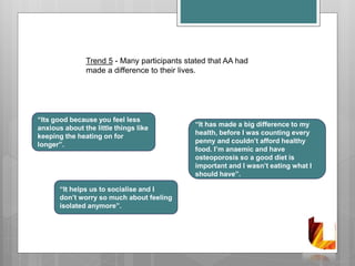 Trend 5 - Many participants stated that AA had
made a difference to their lives.
“Its good because you feel less
anxious about the little things like
keeping the heating on for
longer”.
“It helps us to socialise and I
don’t worry so much about feeling
isolated anymore”.
“It has made a big difference to my
health, before I was counting every
penny and couldn’t afford healthy
food. I’m anaemic and have
osteoporosis so a good diet is
important and I wasn’t eating what I
should have”.
 