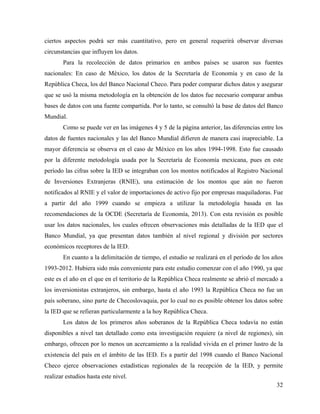 32
ciertos aspectos podrá ser más cuantitativo, pero en general requerirá observar diversas
circunstancias que influyen los datos.
Para la recolección de datos primarios en ambos países se usaron sus fuentes
nacionales: En caso de México, los datos de la Secretaría de Economía y en caso de la
República Checa, los del Banco Nacional Checo. Para poder comparar dichos datos y asegurar
que se usó la misma metodología en la obtención de los datos fue necesario comparar ambas
bases de datos con una fuente compartida. Por lo tanto, se consultó la base de datos del Banco
Mundial.
Como se puede ver en las imágenes 4 y 5 de la página anterior, las diferencias entre los
datos de fuentes nacionales y las del Banco Mundial difieren de manera casi inapreciable. La
mayor diferencia se observa en el caso de México en los años 1994-1998. Esto fue causado
por la diferente metodología usada por la Secretaría de Economía mexicana, pues en este
período las cifras sobre la IED se integraban con los montos notificados al Registro Nacional
de Inversiones Extranjeras (RNIE), una estimación de los montos que aún no fueron
notificados al RNIE y el valor de importaciones de activo fijo por empresas maquiladoras. Fue
a partir del año 1999 cuando se empieza a utilizar la metodología basada en las
recomendaciones de la OCDE (Secretaría de Economía, 2013). Con esta revisión es posible
usar los datos nacionales, los cuales ofrecen observaciones más detalladas de la IED que el
Banco Mundial, ya que presentan datos también al nivel regional y división por sectores
económicos receptores de la IED.
En cuanto a la delimitación de tiempo, el estudio se realizará en el período de los años
1993-2012. Hubiera sido más conveniente para este estudio comenzar con el año 1990, ya que
este es el año en el que en el territorio de la República Checa realmente se abrió el mercado a
los inversionistas extranjeros, sin embargo, hasta el año 1993 la República Checa no fue un
país soberano, sino parte de Checoslovaquia, por lo cual no es posible obtener los datos sobre
la IED que se refieran particularmente a la hoy República Checa.
Los datos de los primeros años soberanos de la República Checa todavía no están
disponibles a nivel tan detallado como esta investigación requiere (a nivel de regiones), sin
embargo, ofrecen por lo menos un acercamiento a la realidad vivida en el primer lustro de la
existencia del país en el ámbito de las IED. Es a partir del 1998 cuando el Banco Nacional
Checo ejerce observaciones estadísticas regionales de la recepción de la IED, y permite
realizar estudios hasta este nivel.
 