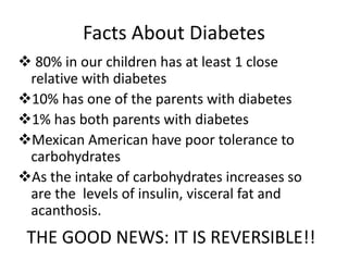 Facts About Diabetes
 80% in our children has at least 1 close
relative with diabetes
10% has one of the parents with diabetes
1% has both parents with diabetes
Mexican American have poor tolerance to
carbohydrates
As the intake of carbohydrates increases so
are the levels of insulin, visceral fat and
acanthosis.
THE GOOD NEWS: IT IS REVERSIBLE!!
 