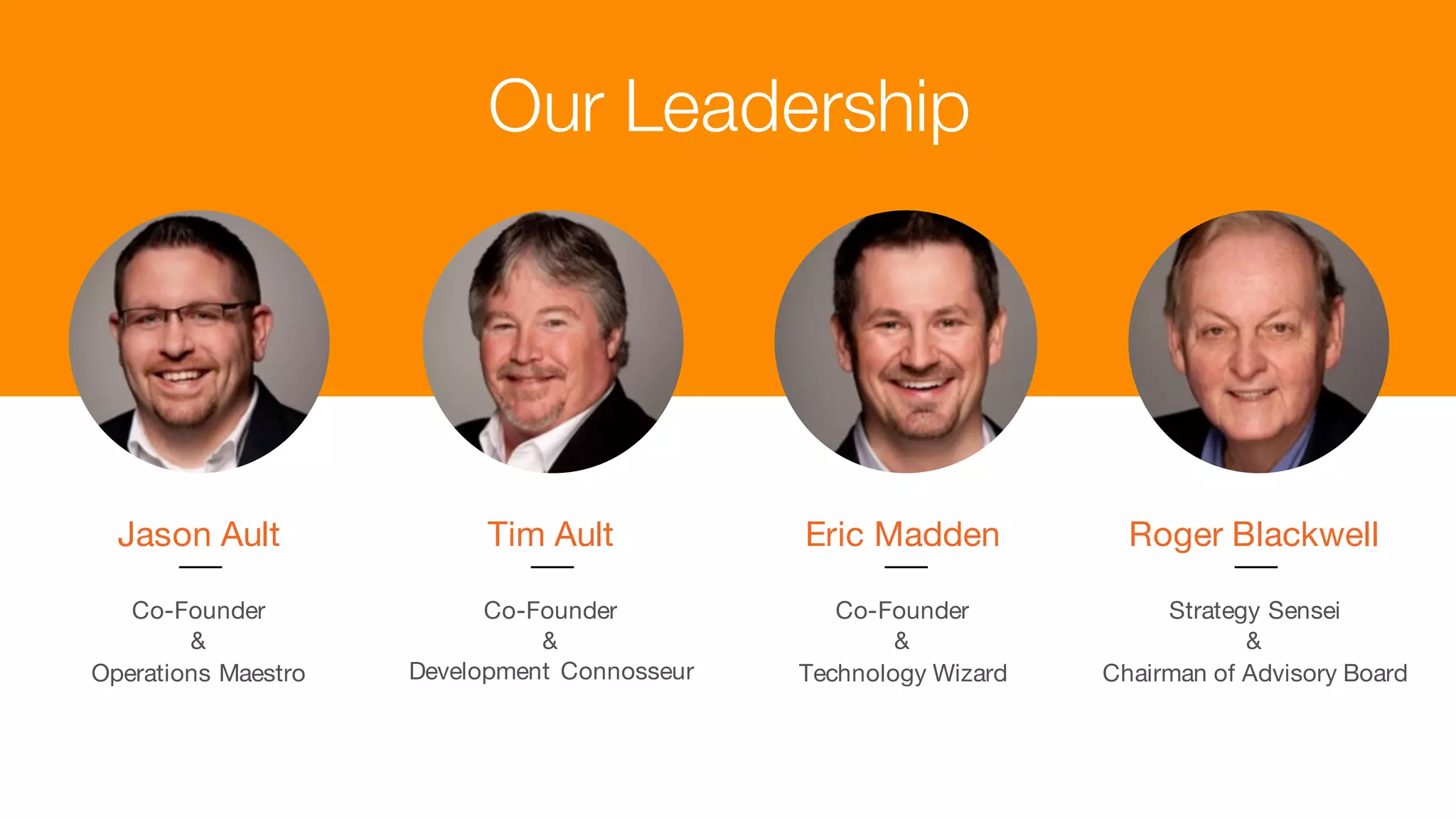 Our Leadership
Jason Ault
Co-Founder
&
Operations Maestro
Tim Ault
Co-Founder
&
Development Connosseur
Eric Madden
Co-Founder
&
Technology Wizard
Roger Blackwell
Strategy Sensei
&
Chairman of Advisory Board
 