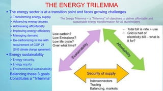 THE ENERGY TRILEMMA
 The energy sector is at a transition point and faces growing challenges
 Transforming energy supply
 Advancing energy access
 Addressing affordability
 Improving energy efficiency
 Managing demand
 De-carbonizing in line with
requirement of COP 21
(2015 climate change agreement)
 Energy sustainability
 Energy security,
 Energy equity
 Environmental sustainability
Balancing these 3 goals
Constitutes a “Trilemma”
The Energy Trilemma – a “Trilemma” of objectives to deliver affordable and
sustainable energy transformation for all stakeholders
 