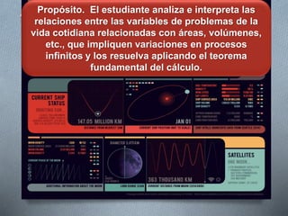 Propósito
Propósito. El estudiante analiza e interpreta las
relaciones entre las variables de problemas de la
vida cotidiana relacionadas con áreas, volúmenes,
etc., que impliquen variaciones en procesos
infinitos y los resuelva aplicando el teorema
fundamental del cálculo.
 