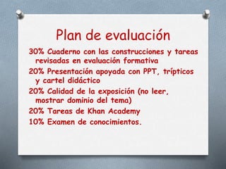 Plan de evaluación
30% Cuaderno con las construcciones y tareas
revisadas en evaluación formativa
20% Presentación apoyada con PPT, trípticos
y cartel didáctico
20% Calidad de la exposición (no leer,
mostrar dominio del tema)
20% Tareas de Khan Academy
10% Examen de conocimientos.
 