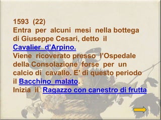 1593 (22)
Entra per alcuni mesi nella bottega
di Giuseppe Cesari, detto il
Cavalier d’Arpino.
Viene ricoverato presso l’Ospedale
della Consolazione forse per un
calcio di cavallo. E’ di questo periodo
il Bacchino malato.
Inizia il Ragazzo con canestro di frutta
 