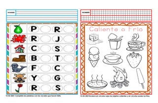 15-03-2021 Completa las palabras con las vocales que hacen falta. 15-03-2021Encierra en círculos rojos los objetos calientes y en círculos azules los fríos.
 