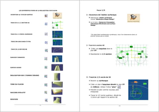 TRACE DE LA 1/2 SECTION AA
TRACE DU 1/2 PROFIL SUPERIEUR
TRACE DES ARCS R400 ET R750
TRACE DE LA SECTION BB
SURFACES TANGENTES
SURFACE GUIDEE
REALISATION DES 2 FORMES CREUSES
FOND DU FLACON
RACCORD EVOLUTIF
BOUCHON
1/5
OUVERTURE de l'ATELIER SURFACE
LES DIFFERENTES ETAPES DE LA REALISATION D'UN FLACON Flacon 1/4
1 - Ouverture de l'atelier surfacique
Sélectionner l'atelier surfacique
intitulé "Générative Shape Design"
ou le menu : Demarrer/Conception
mécanique/Wireframe and surface
Design
Cet objet étant parfaitement symétrique, nous n'en dessinerons dans un
premier temps que la moitié.
2 - Tracé de la section AA
Créer une esquisse dans le
plan XY
Représenter la 1/2 section
3 - Tracé du 1/2 cercle de 34
Revenir au surfacique
Créer un plan d'esquisse décalé du plan XY
de 228mm. Utiliser l'icône "plan"
Prendre ce plan comme nouveau plan
d'esquisse
Tracer le 1/2 cercle supérieur, décalé de
13.6mm par rapport à la section AA
2/5
13,6
D34
D36
D36
94,8
 
