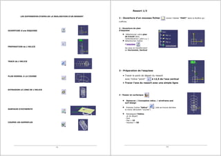 LES DIFFERENTES ETAPES DE LA REALISATION D'UN RESSORT
OUVERTURE d'une ESQUISSE
PREPARATION de L'HELICE
TRACE de L'HELICE
PLAN NORMAL A LA COURBE
EXTRUSION LE LONG DE L'HELICE
SURFACES D'EXTREMITE
COUPER LES SUPERFLUS
1/4
Ressort 1/3
1 - Ouverture d'un nouveau fichier choisir l'atelier "PART" dans la fenêtre qui
s'affiche.
2 - Ouverture du plan
d'esquisse
Sélectionner votre plan
de travail dans
l'arborescence ( plan x,y )
Sélectionner l'icône
d'esquisse
les axes se transforment
en Horizontal, Vertical
3 - Préparation de l'esquisse
Tracer le point de départ du ressort
avec l'icône "point" à 12,5 de l'axe vertical
Tracer l'axe du ressort avec une simple ligne
4 - Passer en surfacique
Demarrer / Conception méca. / wireframe and
surf design
Prendre l'icône "hélice" ( elle se trouve derrière
le menu déroulant "courbe")
Renseigner l'hélice
- pt de départ
- Axe
- Pas = 10
- Hauteur = 50
2/4
12,5
 