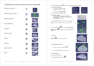 1/4
LES DIFFERENTES ETAPES DE LA REALISATION D’UN GUIDE RAME
OUVERTURE d'une ESQUISSE
CONTOUR du PLATEAU VERTICAL
EXTRUSION du CONTOUR
PLATEAU HORIZONTAL
2 CYLINDRES
ALESAGE CENTRAL
RAINURE
4 PERCAGES
BOSSAGE + PERCAGE
CONGES
2/4
1 - Ouverture d'un nouveau fichier choisir l'atelier "PART" dans la fenêtre qui s'affiche.
2 - Ouverture du plan d'esquisse
• Sélectionner votre plan de travail dans
• l'arborescence ( plan x,y )
• Sélectionner l'icône d'esquisse
les axes se transforment en Horizontal, Vertical
3 - Préparation de l'esquisse
• Vérifier la présence de la barre d'outil "OUTILS"
• rendre actif l'icône" contraintes" et l'icône "contraintes
dimensionnelles"
• ( les icônes deviennent oranges")
4 - Tracé du contour de la plaque verticale avec les outils d'esquisse.
Remarque : éviter la symétrie 2D qui ne reporte pas les contraintes.
Porter les cotes du contour et éventuellement les contraintes
supplémentaires pour obtenir un contour "VERT" (totalement
contraint.
5 – Extrusion
Extruder le contour d'une hauteur de 5mm
6 - Contour du plateau horizontal
• Remettre l'objet en situation d'esquisse
• Avec l'outil rectangle, dessiner la base du plateau.
7 - Extrusion du plateau
- Après être revenu dans l'atelier 3D
- Réaliser l'extrusion du plateau (40 mm)
109
40
D 300
80
80
40
10
 