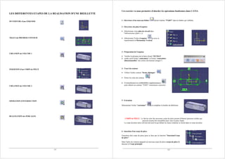 LES DIFFERENTES ETAPES DE LA REALISATION D'UNE BIEILLETTE
OUVERTURE d'une ESQUISSE
TRACE du PREMIER CONTOUR
CREATION du VOLUME 1
INSERTION d'un CORPS de PIECE
CREATION du VOLUME 2
OPERATION d'INTERSECTION
REALISATION des PERCAGES
Cet exercice va nous permettre d'aborder les opérations booléennes dans CATIA
1 - Ouverture d'un nouveau fichier choisir l'atelier "PART" dans la fenêtre qui s'affiche.
2 - Ouverture du plan d'esquisse
• Sélectionner votre plan de travail dans
l'arborescence (plan x, y)
• Sélectionner l'icône d'esquisse les axes se
transforment en Horizontal, Vertical
3 - Préparation de l'esquisse
• Vérifier la présence de la barre d'outil "OUTILS"
• rendre actif l'icône" contraintes" et l'icône "contraintes
dimensionnelles" (les icônes deviennent oranges")
4 - Tracé du contour
• Utiliser l'icône contour "forme oblongue"
• Porter les cotes du contour
• Eventuellement les contraintes supplémentaires
pour obtenir un contour "VERT" (totalement contraint).
5 - Extrusion
Sélectionner l'icône "extrusion" et compléter la fenêtre de définition.
CORPS de PIECE : Le fait de créer des nouveaux corps de pièce permet d'obtenir plusieurs solides qui
peuvent ensuite être assemblés pour créer la pièce finale.
Le corps de pièce ainsi créé devient actif et par défaut les futurs créations se feront dans ce corps de pièce.
6 - Insertion d'un corps de pièce
l'insertion d'un corps de pièce peut se faire par la fonction "Insertion/Corps
de pièce"
Dans l'arbre de création apparaît un nouveau corps de pièce (corps de pièce.2)
dessous le Corps principal
1/3 2/3
45
15
22,5
0
 