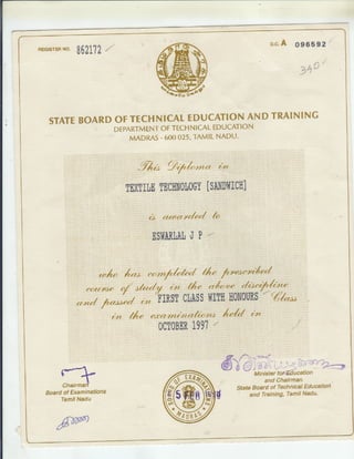 Textile Technology - Diplomo Certificate