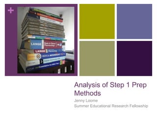 +
Analysis of Step 1 Prep
Methods
Jenny Loome
Summer Educational Research Fellowship
 