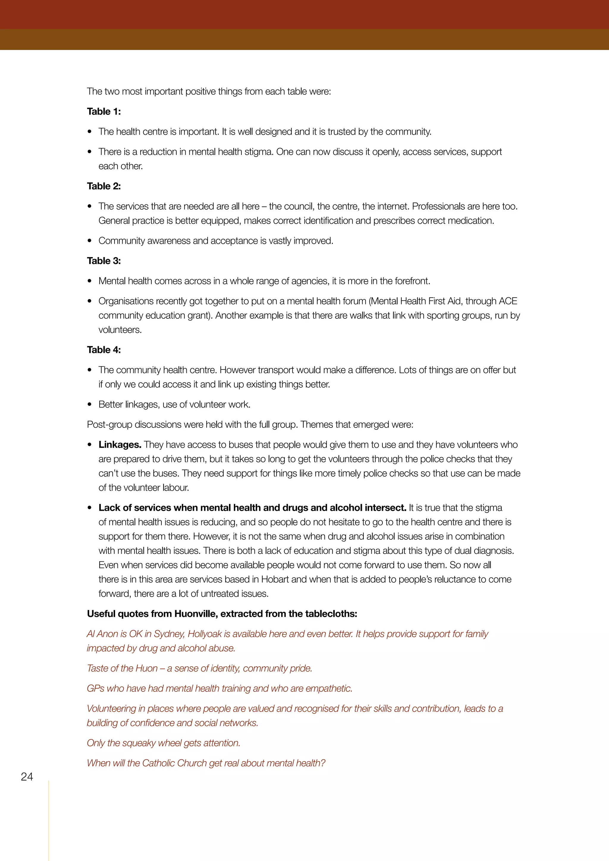 24
The two most important positive things from each table were:
Table 1:
•	 The health centre is important. It is well designed and it is trusted by the community.
•	 There is a reduction in mental health stigma. One can now discuss it openly, access services, support
each other.
Table 2:
•	 The services that are needed are all here – the council, the centre, the internet. Professionals are here too.
General practice is better equipped, makes correct identification and prescribes correct medication.
•	 Community awareness and acceptance is vastly improved.
Table 3:
•	 Mental health comes across in a whole range of agencies, it is more in the forefront.
•	 Organisations recently got together to put on a mental health forum (Mental Health First Aid, through ACE
community education grant). Another example is that there are walks that link with sporting groups, run by
volunteers.
Table 4:
•	 The community health centre. However transport would make a difference. Lots of things are on offer but
if only we could access it and link up existing things better.
•	 Better linkages, use of volunteer work.
Post-group discussions were held with the full group. Themes that emerged were:
•	 Linkages. They have access to buses that people would give them to use and they have volunteers who
are prepared to drive them, but it takes so long to get the volunteers through the police checks that they
can’t use the buses. They need support for things like more timely police checks so that use can be made
of the volunteer labour.
•	 Lack of services when mental health and drugs and alcohol intersect. It is true that the stigma
of mental health issues is reducing, and so people do not hesitate to go to the health centre and there is
support for them there. However, it is not the same when drug and alcohol issues arise in combination
with mental health issues. There is both a lack of education and stigma about this type of dual diagnosis.
Even when services did become available people would not come forward to use them. So now all
there is in this area are services based in Hobart and when that is added to people’s reluctance to come
forward, there are a lot of untreated issues.
Useful quotes from Huonville, extracted from the tablecloths:
Al Anon is OK in Sydney, Hollyoak is available here and even better. It helps provide support for family
impacted by drug and alcohol abuse.
Taste of the Huon – a sense of identity, community pride.
GPs who have had mental health training and who are empathetic.
Volunteering in places where people are valued and recognised for their skills and contribution, leads to a
building of confidence and social networks.
Only the squeaky wheel gets attention.
When will the Catholic Church get real about mental health?
 