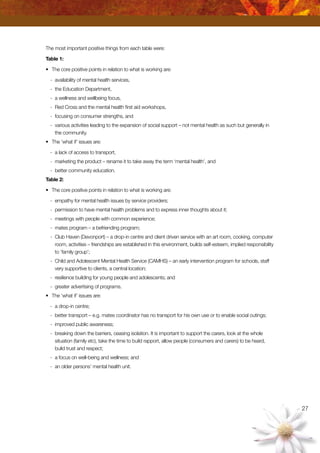 27
The most important positive things from each table were:
Table 1:
•	 The core positive points in relation to what is working are:
-	 availability of mental health services,
-	 the Education Department,
-	 a wellness and wellbeing focus,
-	 Red Cross and the mental health first aid workshops,
-	 focusing on consumer strengths, and
-	 various activities leading to the expansion of social support – not mental health as such but generally in
the community.
•	 The ‘what if’ issues are:
-	 a lack of access to transport,
-	 marketing the product – rename it to take away the term ‘mental health’, and
-	 better community education.
Table 2:
•	 The core positive points in relation to what is working are:
-	 empathy for mental health issues by service providers;
-	 permission to have mental health problems and to express inner thoughts about it;
-	 meetings with people with common experience;
-	 mates program – a befriending program;
-	 Club Haven (Devonport) – a drop-in centre and client driven service with an art room, cooking, computer
room, activities – friendships are established in this environment, builds self-esteem, implied responsibility
to ‘family group’;
-	 Child and Adolescent Mental Health Service (CAMHS) – an early intervention program for schools, staff
very supportive to clients, a central location;
-	 resilience building for young people and adolescents; and
-	 greater advertising of programs.
•	 The ‘what if’ issues are:
-	 a drop-in centre;
-	 better transport – e.g. mates coordinator has no transport for his own use or to enable social outings;
-	 improved public awareness;
-	 breaking down the barriers, ceasing isolation. It is important to support the carers, look at the whole
situation (family etc), take the time to build rapport, allow people (consumers and carers) to be heard,
build trust and respect;
-	 a focus on well-being and wellness; and
-	 an older persons’ mental health unit.
 