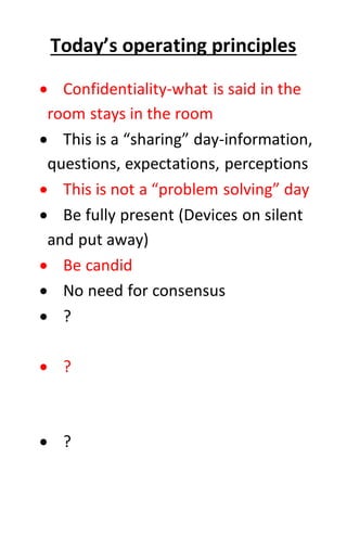 Today’s operating principles
 Confidentiality-what is said in the
room stays in the room
 This is a “sharing” day-information,
questions, expectations, perceptions
 This is not a “problem solving” day
 Be fully present (Devices on silent
and put away)
 Be candid
 No need for consensus
 ?
 ?
 ?
 