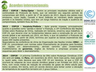 2012 – COP18 – Doha/Qatar - Dentre os principais resultados obtidos está a
continuidade do Protocolo de Kyoto, que vai estender seu segundo período de
compromisso até 2020, a partir de 1º de janeiro de 2013. Alguns dos países mais
emissores, como Japão, Canadá e Nova Zelândia se retiraram deste segundo
período e os Estados Unidos, que tem um longo histórico de inação e ausência de
compromissos, também ficou de fora.
2013 – COP19 – Varsóvia/Polônia - Após grande impasse, principalmente
quanto a questões como “perdas e danos” e finanças, a 19a Conferência das Nações
Unidas sobre Mudança do Clima, realizada em Varsóvia, encerrou seus trabalhos. A
COP-19, que deveria criar os fundamentos básicos para a construção de um novo
acordo global a ser assinado em 2015, em Paris, e que irá substituir o Protocolo de
Kyoto e vigorar a partir de 2020, terminou por superar as baixas expectativas das
quase 200 nações presentes.
Negociadores da conferência de clima da Organização das Nações Unidas (ONU) , a
COP 19, concordaram com normas sobre financiamento de projetos para florestas
em nações em desenvolvimento, abrindo caminho para investimentos
multibilionários de governos, órgãos de fomento e empresas privadas em
esquemas para deter o desmatamento.
2014 – COP20 – A próxima Conferência da ONU sobre Mudanças Climáticas (COP
20) será em Lima, no Peru, em novembro de 2014. Será mais perto, mais quente
e, quem sabe, mais decisiva que esta COP 19 em Varsóvia, já que a COP 20
ocorrerá às vésperas do novo acordo climático global a ser firmado em 2015, em
Paris, com novas metas de redução de emissões de gases de efeito estufa para
todos os países. Em teoria, será um acordo decisivo para tentar conter a elevação
da temperatura da superfície terrestre em 2 graus Celsius.
 
