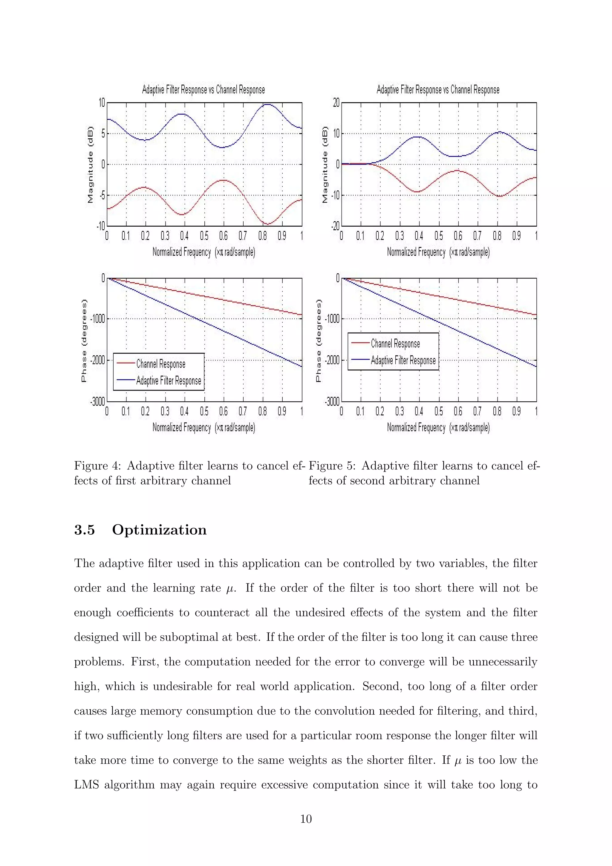 Figure 4: Adaptive ﬁlter learns to cancel ef-
fects of ﬁrst arbitrary channel
Figure 5: Adaptive ﬁlter learns to cancel ef-
fects of second arbitrary channel
3.5 Optimization
The adaptive ﬁlter used in this application can be controlled by two variables, the ﬁlter
order and the learning rate µ. If the order of the ﬁlter is too short there will not be
enough coeﬃcients to counteract all the undesired eﬀects of the system and the ﬁlter
designed will be suboptimal at best. If the order of the ﬁlter is too long it can cause three
problems. First, the computation needed for the error to converge will be unnecessarily
high, which is undesirable for real world application. Second, too long of a ﬁlter order
causes large memory consumption due to the convolution needed for ﬁltering, and third,
if two suﬃciently long ﬁlters are used for a particular room response the longer ﬁlter will
take more time to converge to the same weights as the shorter ﬁlter. If µ is too low the
LMS algorithm may again require excessive computation since it will take too long to
10
 