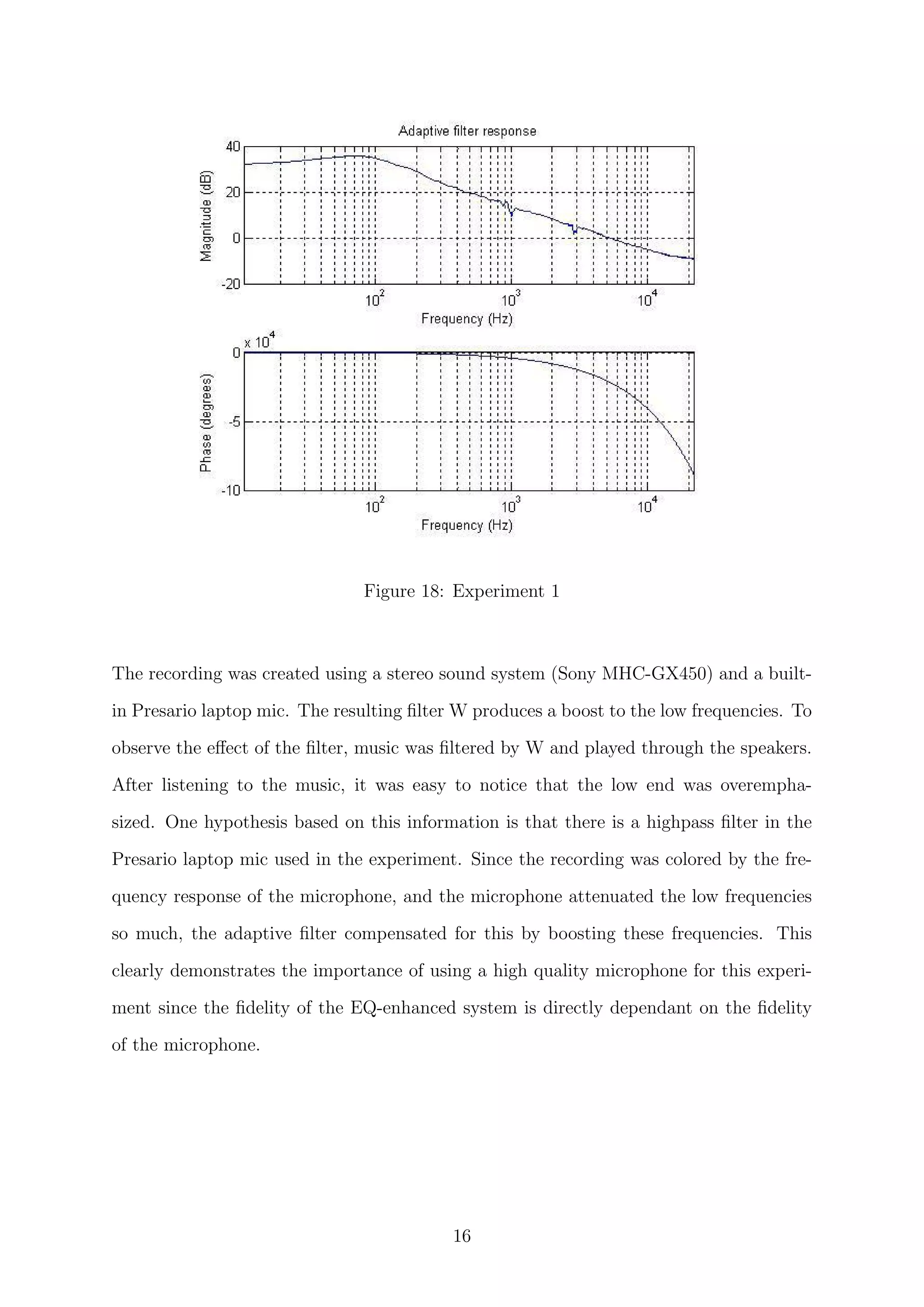 Figure 18: Experiment 1
The recording was created using a stereo sound system (Sony MHC-GX450) and a built-
in Presario laptop mic. The resulting ﬁlter W produces a boost to the low frequencies. To
observe the eﬀect of the ﬁlter, music was ﬁltered by W and played through the speakers.
After listening to the music, it was easy to notice that the low end was overempha-
sized. One hypothesis based on this information is that there is a highpass ﬁlter in the
Presario laptop mic used in the experiment. Since the recording was colored by the fre-
quency response of the microphone, and the microphone attenuated the low frequencies
so much, the adaptive ﬁlter compensated for this by boosting these frequencies. This
clearly demonstrates the importance of using a high quality microphone for this experi-
ment since the ﬁdelity of the EQ-enhanced system is directly dependant on the ﬁdelity
of the microphone.
16
 