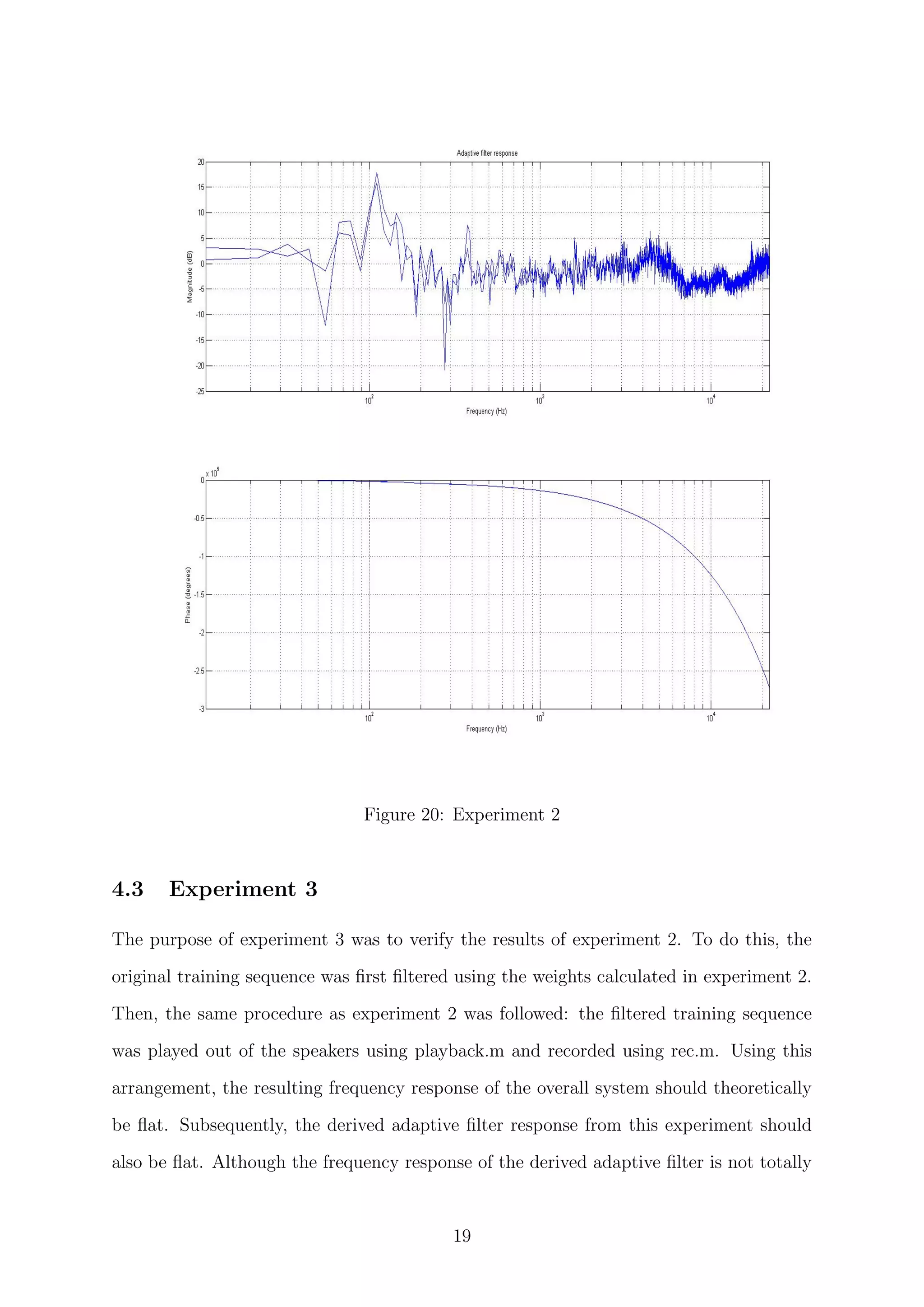 Figure 20: Experiment 2
4.3 Experiment 3
The purpose of experiment 3 was to verify the results of experiment 2. To do this, the
original training sequence was ﬁrst ﬁltered using the weights calculated in experiment 2.
Then, the same procedure as experiment 2 was followed: the ﬁltered training sequence
was played out of the speakers using playback.m and recorded using rec.m. Using this
arrangement, the resulting frequency response of the overall system should theoretically
be ﬂat. Subsequently, the derived adaptive ﬁlter response from this experiment should
also be ﬂat. Although the frequency response of the derived adaptive ﬁlter is not totally
19
 