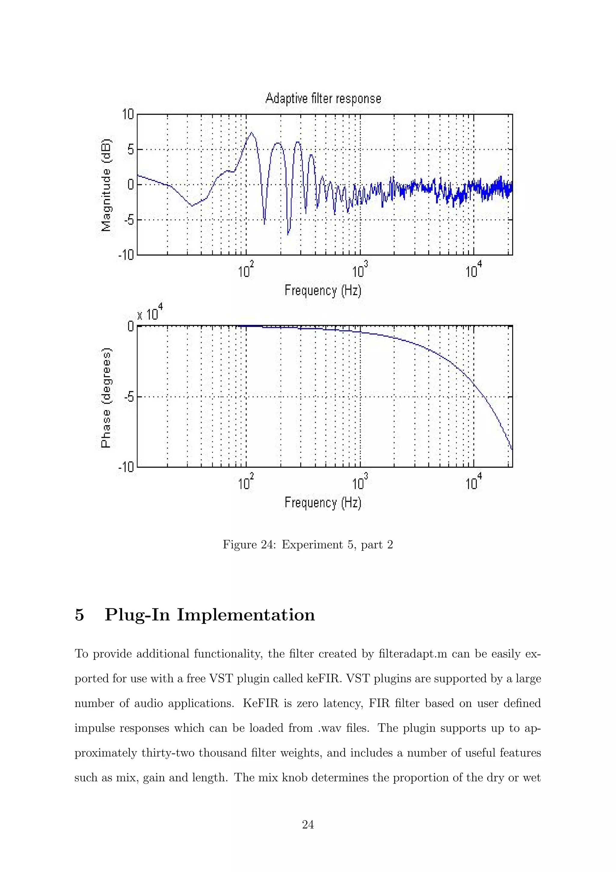 Figure 24: Experiment 5, part 2
5 Plug-In Implementation
To provide additional functionality, the ﬁlter created by ﬁlteradapt.m can be easily ex-
ported for use with a free VST plugin called keFIR. VST plugins are supported by a large
number of audio applications. KeFIR is zero latency, FIR ﬁlter based on user deﬁned
impulse responses which can be loaded from .wav ﬁles. The plugin supports up to ap-
proximately thirty-two thousand ﬁlter weights, and includes a number of useful features
such as mix, gain and length. The mix knob determines the proportion of the dry or wet
24
 