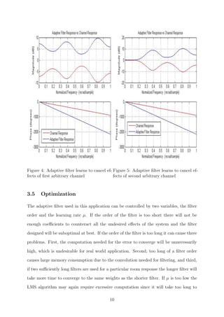 Figure 4: Adaptive ﬁlter learns to cancel ef-
fects of ﬁrst arbitrary channel
Figure 5: Adaptive ﬁlter learns to cancel ef-
fects of second arbitrary channel
3.5 Optimization
The adaptive ﬁlter used in this application can be controlled by two variables, the ﬁlter
order and the learning rate µ. If the order of the ﬁlter is too short there will not be
enough coeﬃcients to counteract all the undesired eﬀects of the system and the ﬁlter
designed will be suboptimal at best. If the order of the ﬁlter is too long it can cause three
problems. First, the computation needed for the error to converge will be unnecessarily
high, which is undesirable for real world application. Second, too long of a ﬁlter order
causes large memory consumption due to the convolution needed for ﬁltering, and third,
if two suﬃciently long ﬁlters are used for a particular room response the longer ﬁlter will
take more time to converge to the same weights as the shorter ﬁlter. If µ is too low the
LMS algorithm may again require excessive computation since it will take too long to
10
 