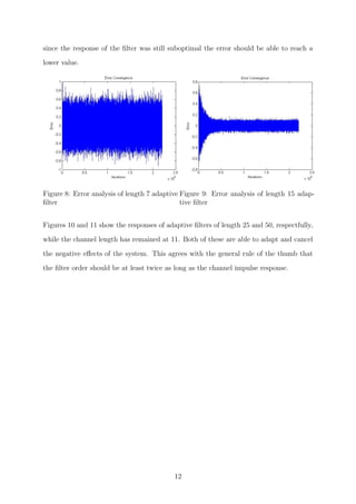 since the response of the ﬁlter was still suboptimal the error should be able to reach a
lower value.
Figure 8: Error analysis of length 7 adaptive
ﬁlter
Figure 9: Error analysis of length 15 adap-
tive ﬁlter
Figures 10 and 11 show the responses of adaptive ﬁlters of length 25 and 50, respectfully,
while the channel length has remained at 11. Both of these are able to adapt and cancel
the negative eﬀects of the system. This agrees with the general rule of the thumb that
the ﬁlter order should be at least twice as long as the channel impulse response.
12
 