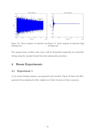 Figure 16: Error analysis of relatively low
learning rate
Figure 17: Error analysis of relatively high
learning rate
The optimal choice of ﬁlter order and µ will be determined empirically for real-world
testing using the concepts learned from this optimization procedure.
4 Room Experiments
4.1 Experiment 1
A ten second training sequence was generated and recorded. Figure 18 shows the ﬁlter
generated from adapting the ﬁlter weights over thirty iterations of these sequences.
15
 