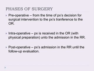 PHASES OF SURGERY
 Pre-operative – from the time of px’s decision for
surgical intervention to the px’s tranference to the
OR.
 Intra-operative – px is received in the OR (with
physical preparation) unto the admission in the RR.
 Post-operative – px’s admission in the RR until the
follow-up evaluation.
 