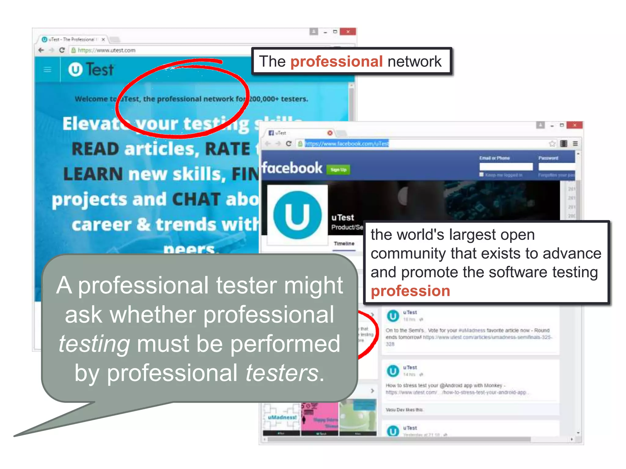 The professional network
the world's largest open
community that exists to advance
and promote the software testing
professionA professional tester might
ask whether professional
testing must be performed
by professional testers.
 
