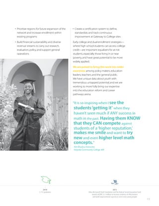 13
• Prioritize regions for future expansion of the
network and increase enrollment within
existing programs
• Build financial sustainability and diverse
revenue streams to carry out research,
evaluation, policy, and support general
operations
• Create a certification system to define,
standardize, and track continuous
improvement at Gateway to College sites
Early college and dual-enrollment strategies­—
where high school students can access college
credit—are important equalizers for at-risk
students, especially those living in or near
poverty, and have great potential to be more
widely applied.
We are poised to bring this work into wider
awareness among policy makers, education
leaders, teachers, and the general public.
We have unique data about youth with
tremendous untapped potential, and we are
working to more fully bring our expertise
into the education reform and career
pathways arena.
“It is so inspiring when I see the
students‘getting it’ when they
haven’t seen much if ANY success in
math in the past. Having them KNOW
that they CAN compete against
students of a‘higher reputation,’
makes me smile and want to try
new and even higher level math
concepts.”
- Ken Bisulca, Instructor,
Holyoke Community College, MA
2011
Edna McConnell Clark Foundation and the federal Social Innovation Fund
awards GtCNN $3.5 million to increase evidence of effectiveness
and build organizational capacity to serve more young people
2010
1,115 graduates
 