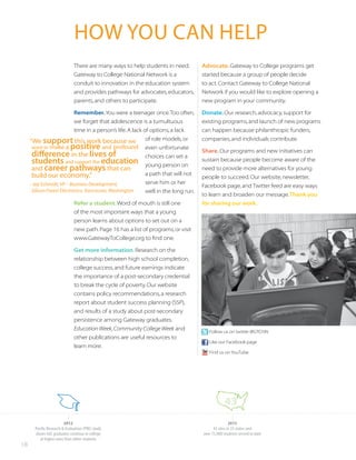 18
HOW YOU CAN HELP
Follow us on twitter @GTCNN
Like our Facebook page
Find us on YouTube
2012
Pacific Research  Evaluation (PRE) study
shows GtC graduates continue in college
at higher rates than other students
2013
43 sites in 23 states and
over 15,000 students served to date
43
There are many ways to help students in need.
Gateway to College National Network is a
conduit to innovation in the education system
and provides pathways for advocates, educators,
parents, and others to participate.
Remember. You were a teenager once.Too often,
we forget that adolescence is a tumultuous
time in a person’s life.A lack of options, a lack
of role models, or
even unfortunate
choices can set a
young person on
a path that will not
serve him or her
well in the long run.
Refer a student. Word of mouth is still one
of the most important ways that a young
person learns about options to set out on a
new path.Page 16 has a list of programs, or visit
www.GatewayToCollege.org to find one.
Get more information. Research on the
relationship between high school completion,
college success, and future earnings indicate
the importance of a post-secondary credential
to break the cycle of poverty.Our website
contains policy recommendations, a research
report about student success planning (SSP),
and results of a study about post-secondary
persistence among Gateway graduates.
EducationWeek, Community CollegeWeek and
other publications are useful resources to
learn more.
Advocate. Gateway to College programs get
started because a group of people decide
to act.Contact Gateway to College National
Network if you would like to explore opening a
new program in your community.
Donate. Our research, advocacy, support for
existing programs, and launch of new programs
can happen because philanthropic funders,
companies, and individuals contribute.
Share. Our programs and new initiatives can
sustain because people become aware of the
need to provide more alternatives for young
people to succeed.Our website, newsletter,
Facebook page, and Twitter feed are easy ways
to learn and broaden our message.Thank you
for sharing our work.
“We support this work because we
want to make a positive and profound
difference in the lives of
students and support the education
and career pathways that can
build our economy.”
- Jay Schmidt, VP – Business Development,
Silicon Forest Electronics, Vancouver, Washington
 