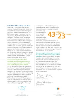 3
In the 2012-2013 academic year alone,
more than 4,200 formerly disengaged
students changed the trajectory of their lives
through the Gateway to CollegeTM
program. A
record 671 students graduated in the 2012-
2013 academic year—graduates who not
only earned a high school diploma but an
average of 35 college credits at the same
time.Thousands more are in the pipeline.
National Network staff provided training and
technical assistance to higher education
institutions across the nation, and worked
with five state education agencies to provide
advice and advocacy on policies to expand
opportunities for the students we serve.
Nearly 250 educators nationwide attended
our annual Peer Learning Conference. All told,
we distributed more than $3 million to local
communities to implement and support
programs for under-served youth.
Every community benefits when
disconnected young people return to
school and gain the skills they need to
have good jobs and strong families.
The social return is obvious and substantial,
but the return to each individual is beyond
measure—often meaning the difference
between a life of poverty and limited choices
or a life as a contributing citizen with a strong
desire to give back. As a Gateway graduate
who now has a master’s degree put it:
“Without Gateway, I wouldn’t be the person
that I am today. I might not even be here at
all. But I made it, and I’m motivated to help
others who are struggling find their way.”
Looking ahead to the next ten years, we
have even loftier goals. Our new strategic
framework calls for more sophisticated
research to help
build knowledge
in the field.We
are focused on a
significant quality
initiative including
a standards and certification process for
national partners.We will continue to raise
awareness and strive to make even deeper
impacts in policy and education reform for
those in need of our help. Most important, we
will create new pathways to higher education
for our nation’s young people.
We want to galvanize people motivated
to help those who are struggling to find
their way. Please join us! The last ten years
have been an incredible journey, growing
from a single program in Portland, Oregon
to a nationwide network of dedicated
educators and students working to create
new opportunities for youth.We are grateful
for the change we’ve seen in students’lives
and in the communities we serve, and we are
inspired by what we can accomplish together
in the coming years.
43 23
colleges
in states
2004
Students begin attending
Gateway to College in two new sites
2004
First Peer Learning Conference
held in Portland
Martha Lamkin
Chair, Board of Directors
Laurel Dukehart
President
2
 