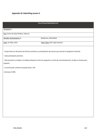 Hiba Malek 112
Appendix 10. Debriefing session 2
Focus Group Debriefing Form
Archival #: 2
Sita: Centro de Salud Pública, Valencia
Number of participants: 6 Moderator: Hiba Malek
Date: 19- May- 2015 Note-Taker: Pilar López Sanchez
- Grupo focal con directores de Centros sanitarios y coordinadores de centros que conocen el programa mihsalud.
- Cada participante presenta.
- Hiba presente su trabajo y le explique después se leen las preguntas y la lista de recomendaciones. Se deja un tiempo para
preparar.
- A continuación comienza el grupo focal a 13h.
-Concluye 13:30h.
 