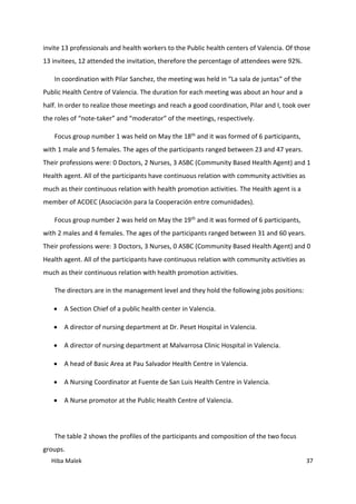 Hiba Malek 37
invite 13 professionals and health workers to the Public health centers of Valencia. Of those
13 invitees, 12 attended the invitation, therefore the percentage of attendees were 92%.
In coordination with Pilar Sanchez, the meeting was held in “La sala de juntas“ of the
Public Health Centre of Valencia. The duration for each meeting was about an hour and a
half. In order to realize those meetings and reach a good coordination, Pilar and I, took over
the roles of “note-taker” and “moderator” of the meetings, respectively.
Focus group number 1 was held on May the 18th and it was formed of 6 participants,
with 1 male and 5 females. The ages of the participants ranged between 23 and 47 years.
Their professions were: 0 Doctors, 2 Nurses, 3 ASBC (Community Based Health Agent) and 1
Health agent. All of the participants have continuous relation with community activities as
much as their continuous relation with health promotion activities. The Health agent is a
member of ACOEC (Asociación para la Cooperación entre comunidades).
Focus group number 2 was held on May the 19th and it was formed of 6 participants,
with 2 males and 4 females. The ages of the participants ranged between 31 and 60 years.
Their professions were: 3 Doctors, 3 Nurses, 0 ASBC (Community Based Health Agent) and 0
Health agent. All of the participants have continuous relation with community activities as
much as their continuous relation with health promotion activities.
The directors are in the management level and they hold the following jobs positions:
 A Section Chief of a public health center in Valencia.
 A director of nursing department at Dr. Peset Hospital in Valencia.
 A director of nursing department at Malvarrosa Clinic Hospital in Valencia.
 A head of Basic Area at Pau Salvador Health Centre in Valencia.
 A Nursing Coordinator at Fuente de San Luis Health Centre in Valencia.
 A Nurse promotor at the Public Health Centre of Valencia.
The table 2 shows the profiles of the participants and composition of the two focus
groups.
 
