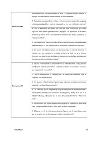 Hiba Malek 40
Focus Group #1
retroalimentación creo que también se hace. La confianza mutua, adecuar el
enfoque utilizado, evaluar las necesidades de salud generales”.
3- “Respeto a la evaluación se realizan evaluaciones internas con los equipos y
centros de salud pública a parto al año pasado se hice una evaluación externa”.
4- “son la formación de agente de salud en base comunitaria que viene
enfocado estas entre infraestructura e enfoques. La realización de nuestras
fortalezas y activos de la comunidad local mediante del "Rapid upraisel" y el
mapa comunitario”.
5- “Reconocemos la diversidad de las personas y trabajamos con asociaciones y
hacemos talleres en una manera que las personas lo entiendan y se integran”.
6- “En cuanto a la infraestructura por lo mismo sí que se intentar fomentar el
trabajo entre de asociaciones servicios sanitarios y todo eso y se intenta
fomentar que la persona se participe de la propia comunidad que participen de
forma activa. Eso también del enfoque”.
Focus group #2
1- “se está haciendo todo lo relacionado con la infraestructura. Si sé que están
planificando talleres comunitarios y además se tienen en cuenta las personas
que residen en la comunidad”.
2- “uno la planificación la coordinación y el diseño del programa. Dos la
confianza y el respeto mutuo”.
3- “En la parte infraestructura sí que se está actuando los tres requisitos que
indicando y en los enfoques también”.
4- “Yo consideró que el programa que sigue la mayoría de recomendaciones.
Dentro de los prerrequisitos la inversión a corto plazo y dentro de lo que es la
infraestructuras y enfoques sí que la sigue. En evaluación intenta a hacer una
parte”.
5- “Pienso que sí que tienen objetivos a corto plazo sin embargo no tengo muy
claro si las prioridades locales a largo plazo se están cumpliendo”.
6- “El punto tres de la infraestructura como el punto uno de los enfoques creo
que se cumplen con los forros que se realizan mensualmente”.
 