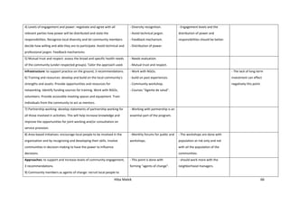 Hiba Malek 66
4) Levels of engagement and power: negotiate and agree with all
relevant parties how power will be distributed and state the
responsibilities. Recognize local diversity and let community members
decide how willing and able they are to participate. Avoid technical and
professional jargon. Feedback mechanisms.
- Diversity recognition.
- Avoid technical jargon.
- Feedback mechanism.
- Distribution of power.
- Engagement levels and the
distribution of power and
responsibilities should be better.
5) Mutual trust and respect: assess the broad and specific health needs
of the community (under-respected groups). Tailor the approach used.
- Needs evaluation.
- Mutual trust and respect.
Infrastructure: to support practice on the ground, 3 recommendations.
6) Training and resources: develop and build on the local community’s
strengths and assets. Provide opportunities and resources for
networking. Identify funding sources for training. Work with NGOs,
volunteers. Provide accessible meeting spaces and equipment. Train
individuals from the community to act as mentors.
- Work with NGOs.
- build on past experiences.
- Community workshop.
- Courses “Agente de salud”.
- The lack of long-term
investment can effect
negatively this point.
7) Partnership working: develop statements of partnership working for
all those involved in activities. This will help increase knowledge and
improve the opportunities for joint working and/or consultation on
service provision.
- Working with partnership is an
essential part of the program.
8) Area-based initiatives: encourage local people to be involved in the
organization and by recognizing and developing their skills. Involve
communities in decision-making to have the power to influence
decisions.
- Monthly forums for public and
workshops.
- The workshops are done with
population at risk only and not
with all the population of the
communities.
Approaches: to support and increase levels of community engagement,
3 recommendations.
9) Community members as agents of change: recruit local people to
- This point is done with
forming “agents of change”.
- should work more with the
neighborhood managers.
 