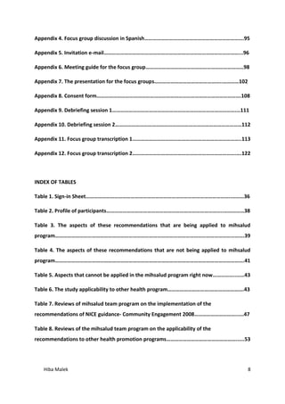 Hiba Malek 8
Appendix 4. Focus group discussion in Spanish……………………………………………………………….95
Appendix 5. Invitation e-mail………………………………………………………………………………………...96
Appendix 6. Meeting guide for the focus group………………………………………………………………98
Appendix 7. The presentation for the focus groups…………………………………………..…………102
Appendix 8. Consent form…………………………………………………………………………………………….108
Appendix 9. Debriefing session 1……………………………………………………………………………….…111
Appendix 10. Debriefing session 2…………………………………………………………………………………112
Appendix 11. Focus group transcription 1……………………………………………………………………..113
Appendix 12. Focus group transcription 2………………………………………………………………….….122
INDEX OF TABLES
Table 1. Sign-in Sheet……………………………………………………………………………………………..………36
Table 2. Profile of participants…………………………………………………………………………..……………38
Table 3. The aspects of these recommendations that are being applied to mihsalud
program………………………………………………………………………………………………………………………….39
Table 4. The aspects of these recommendations that are not being applied to mihsalud
program………………………………………………………………………………………………………………………….41
Table 5. Aspects that cannot be applied in the mihsalud program right now……………..……43
Table 6. The study applicability to other health program………………………….…………………….43
Table 7. Reviews of mihsalud team program on the implementation of the
recommendations of NICE guidance- Community Engagement 2008…………………………..….47
Table 8. Reviews of the mihsalud team program on the applicability of the
recommendations to other health promotion programs…………………………………………….…..53
 