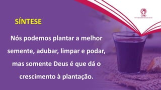 SÍNTESE
Nós podemos plantar a melhor
semente, adubar, limpar e podar,
mas somente Deus é que dá o
crescimento à plantação.
 