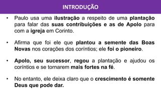 • Paulo usa uma ilustração a respeito de uma plantação
para falar das suas contribuições e as de Apolo para
com a igreja em Corinto.
• Afirma que foi ele que plantou a semente das Boas
Novas nos corações dos coríntios; ele foi o pioneiro.
• Apolo, seu sucessor, regou a plantação e ajudou os
coríntios e se tornarem mais fortes na fé.
• No entanto, ele deixa claro que o crescimento é somente
Deus que pode dar.
INTRODUÇÃO
 