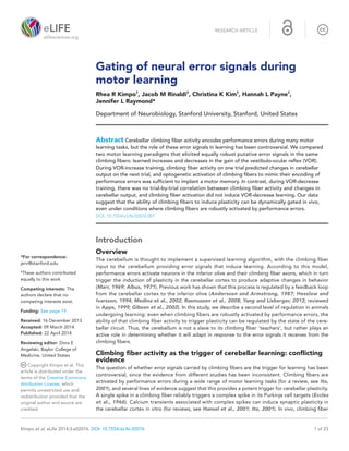 elifesciences.org
Kimpo et al. eLife 2014;3:e02076. DOI: 10.7554/eLife.02076	 1 of 23
Gating of neural error signals during
motor learning
Rhea R Kimpo†
, Jacob M Rinaldi†
, Christina K Kim†
, Hannah L Payne†
,
Jennifer L Raymond*
Department of Neurobiology, Stanford University, Stanford, United States
Abstract Cerebellar climbing fiber activity encodes performance errors during many motor
learning tasks, but the role of these error signals in learning has been controversial. We compared
two motor learning paradigms that elicited equally robust putative error signals in the same
climbing fibers: learned increases and decreases in the gain of the vestibulo-ocular reflex (VOR).
During VOR-increase training, climbing fiber activity on one trial predicted changes in cerebellar
output on the next trial, and optogenetic activation of climbing fibers to mimic their encoding of
performance errors was sufficient to implant a motor memory. In contrast, during VOR-decrease
training, there was no trial-by-trial correlation between climbing fiber activity and changes in
cerebellar output, and climbing fiber activation did not induce VOR-decrease learning. Our data
suggest that the ability of climbing fibers to induce plasticity can be dynamically gated in vivo,
even under conditions where climbing fibers are robustly activated by performance errors.
DOI: 10.7554/eLife.02076.001
Introduction
Overview
The cerebellum is thought to implement a supervised learning algorithm, with the climbing fiber
input to the cerebellum providing error signals that induce learning. According to this model,
performance errors activate neurons in the inferior olive and their climbing fiber axons, which in turn
trigger the induction of plasticity in the cerebellar cortex to produce adaptive changes in behavior
(Marr, 1969; Albus, 1971). Previous work has shown that this process is regulated by a feedback loop
from the cerebellar cortex to the inferior olive (Andersson and Armstrong, 1987; Hesslow and
Ivarsson, 1994; Medina et al., 2002; Rasmussen et al., 2008; Yang and Lisberger, 2013; reviewed
in Apps, 1999; Gibson et al., 2002). In this study, we describe a second level of regulation in animals
undergoing learning: even when climbing fibers are robustly activated by performance errors, the
ability of that climbing fiber activity to trigger plasticity can be regulated by the state of the cere-
bellar circuit. Thus, the cerebellum is not a slave to its climbing fiber ‘teachers’, but rather plays an
active role in determining whether it will adapt in response to the error signals it receives from the
climbing fibers.
Climbing fiber activity as the trigger of cerebellar learning: conflicting
evidence
The question of whether error signals carried by climbing fibers are the trigger for learning has been
controversial, since the evidence from different studies has been inconsistent. Climbing fibers are
activated by performance errors during a wide range of motor learning tasks (for a review, see Ito,
2001), and several lines of evidence suggest that this provides a potent trigger for cerebellar plasticity.
A single spike in a climbing fiber reliably triggers a complex spike in its Purkinje cell targets (Eccles
et al., 1966). Calcium transients associated with complex spikes can induce synaptic plasticity in
the cerebellar cortex in vitro (for reviews, see Hansel et al., 2001; Ito, 2001). In vivo, climbing fiber
*For correspondence:
jenr@stanford.edu
†
These authors contributed
equally to this work
Competing interests: The
authors declare that no
competing interests exist.
Funding: See page 19
Received: 16 December 2013
Accepted: 09 March 2014
Published: 22 April 2014
Reviewing editor: Dora E
Angelaki, Baylor College of
Medicine, United States
Copyright Kimpo et al. This
article is distributed under the
terms of the Creative Commons
Attribution License, which
permits unrestricted use and
redistribution provided that the
original author and source are
credited.
RESEARCH ARTICLE
 