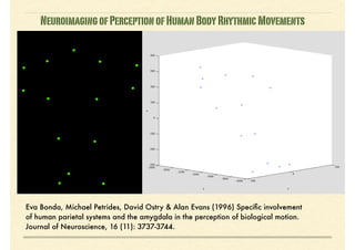 Eva Bonda, Michael Petrides, David Ostry & Alan Evans (1996) Speciﬁc involvement
of human parietal systems and the amygdala in the perception of biological motion.
Journal of Neuroscience, 16 (11): 3737-3744.
NeuroimagingofPerceptionofHumanBodyRhythmicMovements
 
