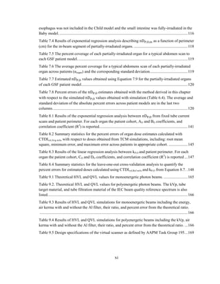 xi
esophagus was not included in the Child model and the small intestine was fully-irradiated in the
Baby model..................................................................................................................................116
Table 7.4 Results of exponential regression analysis describing as a function of perimeter
(cm) for the in-beam segment of partially-irradiated organs. ......................................................118
Table 7.5 The percent coverage of each partially-irradiated organ for a typical abdomen scan to
each GSF patient model...............................................................................................................119
Table 7.6 The average percent coverage for a typical abdomens scan of each partially-irradiated
organ across patients (αorgan) and the corresponding standard deviation......................................119
Table 7.7 Estimated values obtained using Equation 7.9 for the partially-irradiated organs
of each GSF patient model...........................................................................................................120
Table 7.8 Percent errors of the estimates obtained with the method derived in this chapter
with respect to the simulated values obtained with simulation (Table 6.4). The average and
standard deviation of the absolute percent errors across patient models are in the last two
columns........................................................................................................................................120
Table 8.1 Results of the exponential regression analysis between from fixed tube current
scans and patient perimeter. For each organ the patient cohort, AO and BO coefficients, and
correlation coefficient (R2
) is reported.........................................................................................141
Table 8.2 Summary statistics for the percent errors of organ dose estimates calculated with
CTDIvol,Avg mAs with respect to doses obtained from TCM simulations, including: root mean
square, minimum error, and maximum error across patients in appropriate cohort. ...................145
Table 8.3 Results of the linear regression analysis between kP,O and patient perimeter. For each
organ the patient cohort, CO and DO coefficients, and correlation coefficient (R2
) is reported ...147
Table 8.4 Summary statistics for the leave-one-out cross-validation analysis to quantify the
percent errors for estimated doses calculated using CTDIvol,Ref mAs and kP,O from Equation 8.7. .148
Table 9.1 Theoretical HVL and QVL values for monoenergetic photon beams. ........................165
Table 9.2. Theoretical HVL and QVL values for polyenergetic photon beams. The kVp, tube
target material, and tube filtration material of the IEC beam quality reference spectrum is also
listed.............................................................................................................................................166
Table 9.3 Results of HVL and QVL simulations for monoenergetic beams including the energy,
air kerma with and without the Al filter, their ratio, and percent error from the theoretical ratio.
.....................................................................................................................................................166
Table 9.4 Results of HVL and QVL simulations for polyenergetic beams including the kVp, air
kerma with and without the Al filter, their ratio, and percent error from the theoretical ratio. ...166
Table 9.5 Design specifications of the virtual scanner as defined by AAPM Task Group 195...169
 