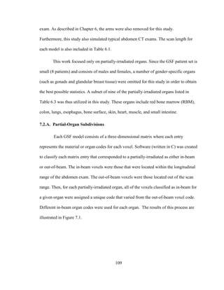 109
exam. As described in Chapter 6, the arms were also removed for this study.
Furthermore, this study also simulated typical abdomen CT exams. The scan length for
each model is also included in Table 6.1.
This work focused only on partially-irradiated organs. Since the GSF patient set is
small (8 patients) and consists of males and females, a number of gender-specific organs
(such as gonads and glandular breast tissue) were omitted for this study in order to obtain
the best possible statistics. A subset of nine of the partially-irradiated organs listed in
Table 6.3 was thus utilized in this study. These organs include red bone marrow (RBM),
colon, lungs, esophagus, bone surface, skin, heart, muscle, and small intestine.
7.2.A. Partial-Organ Subdivisions
Each GSF model consists of a three-dimensional matrix where each entry
represents the material or organ codes for each voxel. Software (written in C) was created
to classify each matrix entry that corresponded to a partially-irradiated as either in-beam
or out-of-beam. The in-beam voxels were those that were located within the longitudinal
range of the abdomen exam. The out-of-beam voxels were those located out of the scan
range. Then, for each partially-irradiated organ, all of the voxels classified as in-beam for
a given organ were assigned a unique code that varied from the out-of-beam voxel code.
Different in-beam organ codes were used for each organ. The results of this process are
illustrated in Figure 7.1.
 