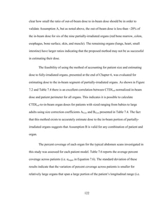 122
clear how small the ratio of out-of-beam dose to in-beam dose should be in order to
validate Assumption A, but as noted above, the out-of-beam dose is less than ~20% of
the in-beam dose for six of the nine partially-irradiated organs (red bone marrow, colon,
esophagus, bone surface, skin, and muscle). The remaining organs (lungs, heart, small
intestine) have larger ratios indicating that the proposed method may not be as successful
in estimating their dose.
The feasibility of using the method of accounting for patient size and estimating
dose to fully-irradiated organs, presented at the end of Chapter 6, was evaluated for
estimating dose to the in-beam segment of partially-irradiated organs. As shown in Figure
7.2 and Table 7.4 there is an excellent correlation between CTDIvol normalized in-beam
dose and patient perimeter for all organs. This indicates it is possible to calculate
CTDIvol-to-in-beam organ doses for patients with sized ranging from babies to large
adults using size correction coefficients AO,in and BO,in presented in Table 7.4. The fact
that this method exists to accurately estimate dose to the in-beam portion of partially-
irradiated organs suggests that Assumption B is valid for any combination of patient and
organ.
The percent coverage of each organ for the typical abdomen scans investigated in
this study was assessed for each patient model. Table 7.6 reports the average percent
coverage across patients (i.e. αorgan in Equation 7.6). The standard deviation of these
results indicate that the variation of percent coverage across patients is smaller for
relatively large organs that span a large portion of the patient‘s longitudinal range (i.e.
 