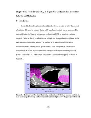126
Chapter 8 The Feasibility of CTDIvol -to-Organ Dose Coefficients that Account for
Tube Current Modulation
8.1 Introduction
Several technical mechanisms have been developed in order to tailor the amount
of radiation delivered to patients during a CT scan based on their size or anatomy. The
most widely used of these is tube current modulation (TCM) in which the radiation
output is varied on the fly by adjusting the tube current time product (mAs) based on the
local attenuation due to the patient. The goal of TCM is to minimize dose while
maintaining a user selected image quality metric. Most scanners now feature three
dimensional TCM that modulates the tube current in both the axial and longitudinal
planes. An example of a tube current function for a chest/abdomen/pelvis is shown in
Figure 8.1.
Figure 8.1 Tube current function illustrating modulation of the tube current (mA) in the
axial plane (high-frequency oscillations) and longitudinal plane (low-frequency oscillations).
0
100
200
300
400
500
600
0 50 100 150 200 250 300
Table Position (mm)
TubeCurrent(mA)
 