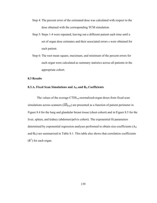 139
Step 4: The percent error of the estimated dose was calculated with respect to the
dose obtained with the corresponding TCM simulation.
Step 5: Steps 1-4 were repeated, leaving out a different patient each time until a
set of organ dose estimates and their associated errors s were obtained for
each patient.
Step 6: The root mean square, maximum, and minimum of the percent errors for
each organ were calculated as summary statistics across all patients in the
appropriate cohort.
8.3 Results
8.3.A. Fixed Scan Simulations and AO and BO Coefficients
The values of the average CTDIvol-normalized-organ doses from fixed scan
simulations across scanners ( ) are presented as a function of patient perimeter in
Figure 8.4 for the lung and glandular breast tissue (chest cohort) and in Figure 8.5 for the
liver, spleen, and kidney (abdomen/pelvis cohort). The exponential fit parameters
determined by exponential regression analyses performed to obtain size-coefficients (AO
and BO) are summarized in Table 8.1. This table also shows that correlation coefficients
(R2
) for each organ.
 