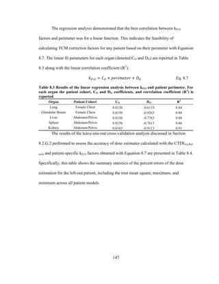 147
The regression analysis demonstrated that the best correlation between kP,O
factors and perimeter was for a linear function. This indicates the feasibility of
calculating TCM correction factors for any patient based on their perimeter with Equation
8.7. The linear fit parameters for each organ (denoted CO and DO) are reported in Table
8.3 along with the linear correlation coefficient (R2
).
Eq. 8.7
Table 8.3 Results of the linear regression analysis between kP,O and patient perimeter. For
each organ the patient cohort, CO and DO coefficients, and correlation coefficient (R2
) is
reported
Organ Patient Cohort CO DO R2
Lung Female Chest 0.0120 -0.6119 0.84
Glandular Breast Female Chest 0.0150 -0.9263 0.88
Liver Abdomen/Pelvis 0.0150 -0.7763 0.88
Spleen Abdomen/Pelvis 0.0150 -0.7613 0.86
Kidney Abdomen/Pelvis 0.0165 -0.9113 0.91
The results of the leave-one-out cross-validation analysis discussed in Section
8.2.G.2 performed to assess the accuracy of dose estimates calculated with the CTDIvol,Ref
mAs and patient-specific kP,O factors obtained with Equation 8.7 are presented in Table 8.4.
Specifically, this table shows the summary statistics of the percent errors of the dose
estimation for the left-out patient, including the root mean square, maximum, and
minimum across all patient models.
 