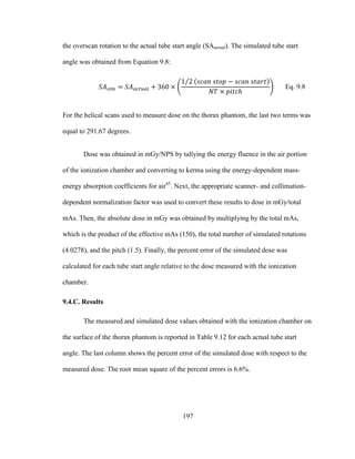 197
the overscan rotation to the actual tube start angle (SAactual). The simulated tube start
angle was obtained from Equation 9.8:
Eq. 9.8
For the helical scans used to measure dose on the thorax phantom, the last two terms was
equal to 291.67 degrees.
Dose was obtained in mGy/NPS by tallying the energy fluence in the air portion
of the ionization chamber and converting to kerma using the energy-dependent mass-
energy absorption coefficients for air45
. Next, the appropriate scanner- and collimation-
dependent normalization factor was used to convert these results to dose in mGy/total
mAs. Then, the absolute dose in mGy was obtained by multiplying by the total mAs,
which is the product of the effective mAs (150), the total number of simulated rotations
(4.0278), and the pitch (1.5). Finally, the percent error of the simulated dose was
calculated for each tube start angle relative to the dose measured with the ionization
chamber.
9.4.C. Results
The measured and simulated dose values obtained with the ionization chamber on
the surface of the thorax phantom is reported in Table 9.12 for each actual tube start
angle. The last column shows the percent error of the simulated dose with respect to the
measured dose. The root mean square of the percent errors is 6.6%.
 