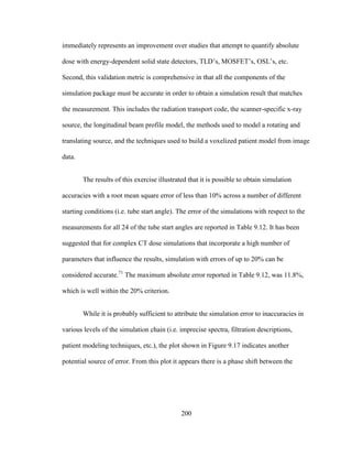 200
immediately represents an improvement over studies that attempt to quantify absolute
dose with energy-dependent solid state detectors, TLD‘s, MOSFET‘s, OSL‘s, etc.
Second, this validation metric is comprehensive in that all the components of the
simulation package must be accurate in order to obtain a simulation result that matches
the measurement. This includes the radiation transport code, the scanner-specific x-ray
source, the longitudinal beam profile model, the methods used to model a rotating and
translating source, and the techniques used to build a voxelized patient model from image
data.
The results of this exercise illustrated that it is possible to obtain simulation
accuracies with a root mean square error of less than 10% across a number of different
starting conditions (i.e. tube start angle). The error of the simulations with respect to the
measurements for all 24 of the tube start angles are reported in Table 9.12. It has been
suggested that for complex CT dose simulations that incorporate a high number of
parameters that influence the results, simulation with errors of up to 20% can be
considered accurate.71
The maximum absolute error reported in Table 9.12, was 11.8%,
which is well within the 20% criterion.
While it is probably sufficient to attribute the simulation error to inaccuracies in
various levels of the simulation chain (i.e. imprecise spectra, filtration descriptions,
patient modeling techniques, etc.), the plot shown in Figure 9.17 indicates another
potential source of error. From this plot it appears there is a phase shift between the
 