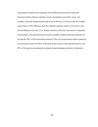 223
measurement condition, the magnitude of the differences between the solid state
dosimeter and the reference chamber varied considerably across HVL values. For
example, solid state measurements made in-air at 80 kVp (3.5 mm Al) with the Toshiba
scanner had a 12.0% difference from the reference chamber while at 135 kVp (6.1 mm
Al) the difference was only 2.1%. Similar variations with kVp were seen for in-phantom
measurements. This demonstrates the need to carefully calibrate solid state detectors for
the specific HVL of the beam being measured. Thus, for measurements made in phantom,
it is necessary to know the HVL of the beam at the location of the measurement (i.e. the
HVL of the spectrum resulting from primary beam hardening and scatter in phantom).
 