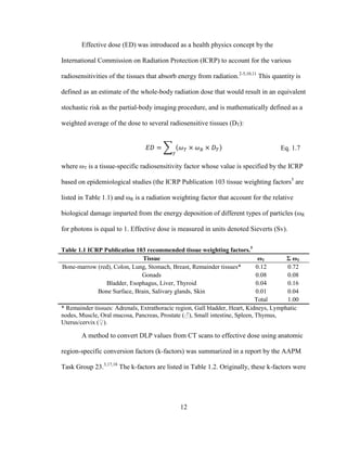 12
Effective dose (ED) was introduced as a health physics concept by the
International Commission on Radiation Protection (ICRP) to account for the various
radiosensitivities of the tissues that absorb energy from radiation.2-5,10,11
This quantity is
defined as an estimate of the whole-body radiation dose that would result in an equivalent
stochastic risk as the partial-body imaging procedure, and is mathematically defined as a
weighted average of the dose to several radiosensitive tissues (DT):
Eq. 1.7
where ωT is a tissue-specific radiosensitivity factor whose value is specified by the ICRP
based on epidemiological studies (the ICRP Publication 103 tissue weighting factors5
are
listed in Table 1.1) and ωR is a radiation weighting factor that account for the relative
biological damage imparted from the energy deposition of different types of particles (ωR
for photons is equal to 1. Effective dose is measured in units denoted Sieverts (Sv).
Table 1.1 ICRP Publication 103 recommended tissue weighting factors.5
Tissue ωT Σ ωT
Bone-marrow (red), Colon, Lung, Stomach, Breast, Remainder tissues* 0.12 0.72
Gonads 0.08 0.08
Bladder, Esophagus, Liver, Thyroid 0.04 0.16
Bone Surface, Brain, Salivary glands, Skin 0.01 0.04
Total 1.00
* Remainder tissues: Adrenals, Extrathoracic region, Gall bladder, Heart, Kidneys, Lymphatic
nodes, Muscle, Oral mucosa, Pancreas, Prostate (♂), Small intestine, Spleen, Thymus,
Uterus/cervix (♀).
A method to convert DLP values from CT scans to effective dose using anatomic
region-specific conversion factors (k-factors) was summarized in a report by the AAPM
Task Group 23.3,17,18
The k-factors are listed in Table 1.2. Originally, these k-factors were
 
